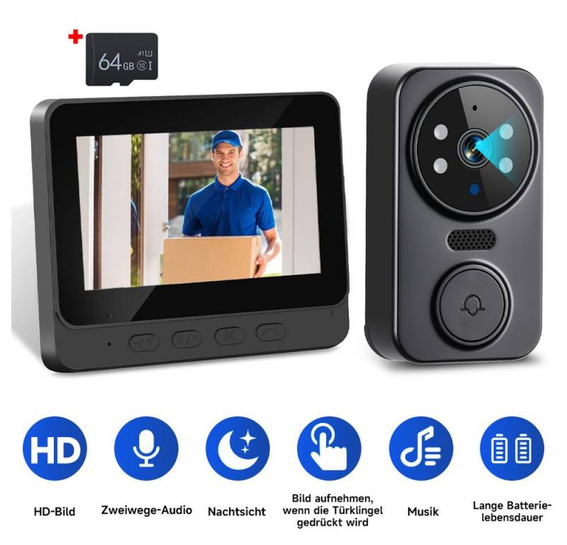 PODOFO Video-Türsprechanlage Video-Türsprechanlage 4.3" HD Monitor Drahtlose Türklingel Kamera (WLAN-Türklingel mit 2,4-GHz-Privatprotokoll) von PODOFO