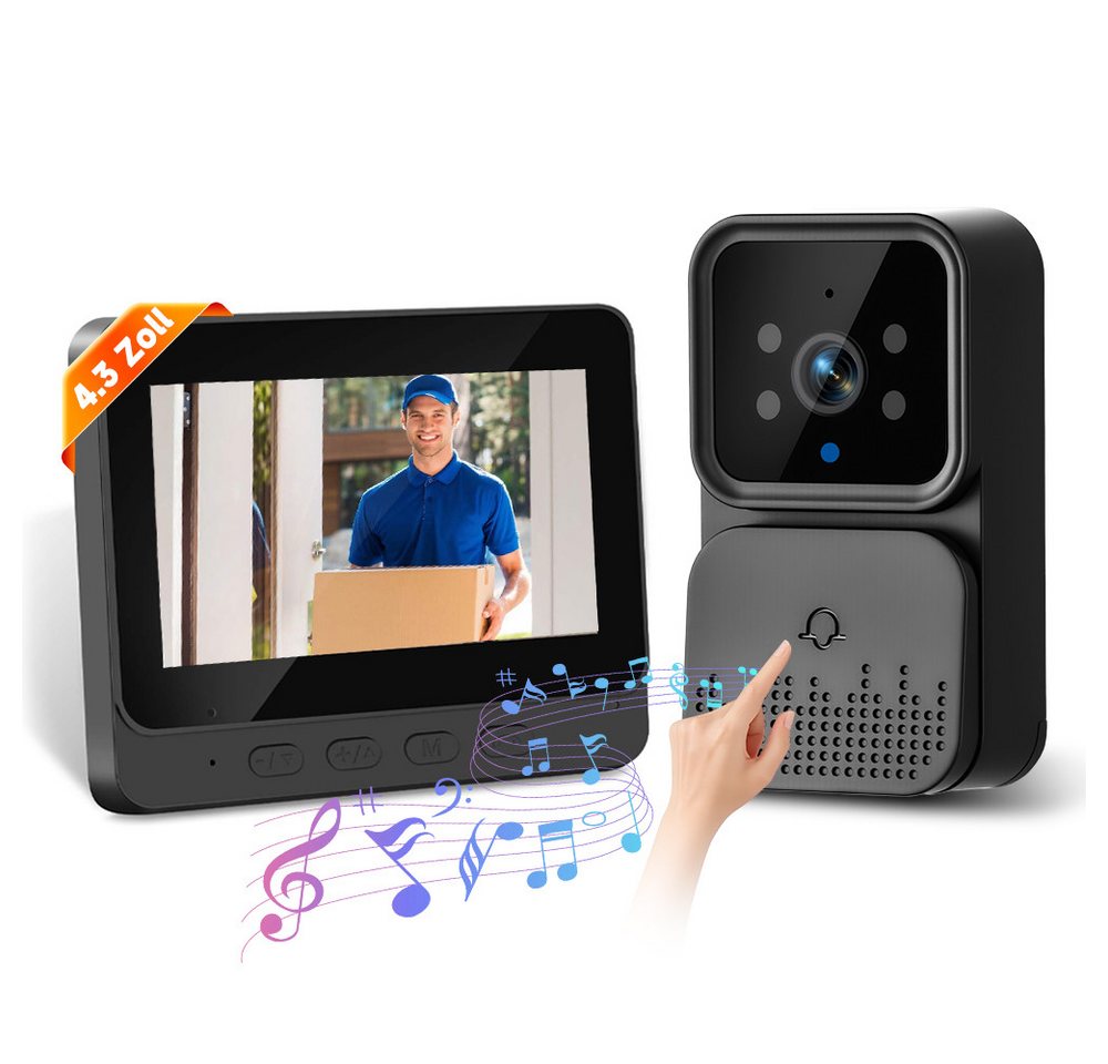 PODOFO Video-Türsprechanlage Video-Türsprechanlage Monitor Drahtlose Türklingel Kamera HD-Türkamera (2.4G,Nachtsichtfunktion,4,3-Zoll-IPS-Bildschirm) von PODOFO