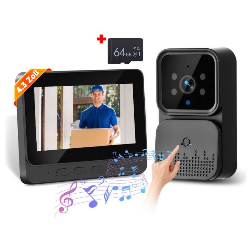 PODOFO Video-Türsprechanlage Video-Türsprechanlage Monitor Drahtlose Türklingel Kamera HD-Türkamera (2.4G,Nachtsichtfunktion,4,3-Zoll-IPS-Bildschirm) von PODOFO