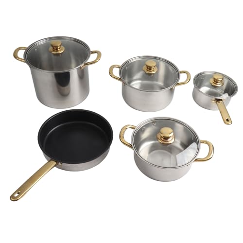 Edelstahl -Kochgeschirrset, 5 Teile mit goldenen Griffen, verschiedene Größen - langlebiges Design, Deckel für Wärmeaufbewahrung, vielseitiges Kochen für Familienküchen von PODSJD