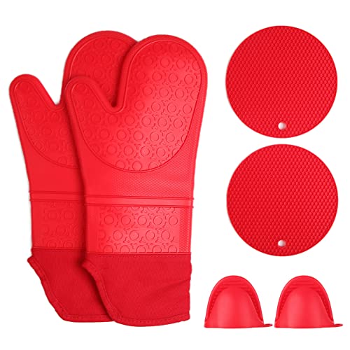 Ofenhandschuhe - Silikonhandschuhe mit Baumwollfutter, langlebiger Sicherheit zum Kochen des Backens, leicht zu reinigende Mikrowellenhandschuhe, Küchengebrauch, 2 -Set mit Topf (Type 1) (Type 2) von PODSJD