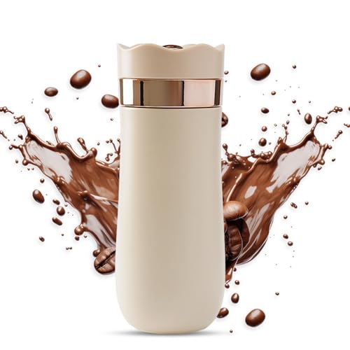 PODSJD Portable French Press Reisebecher 320ml Edelstahl Doppelte Wand Isolierter Kaffeebereiter für gemahlenen Kaffee und Teeblätter für Unterwegs – Leckfrei Heiß oder Kaltbrühkaffee (Elfenbein) von PODSJD