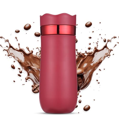 PODSJD Portable French Press Reisebecher 320ml Edelstahl Doppelte Wand Isolierter Kaffeebereiter für gemahlenen Kaffee und Teeblätter für Unterwegs – Leckfrei Heiß oder Kaltbrühkaffee (Rot) von PODSJD