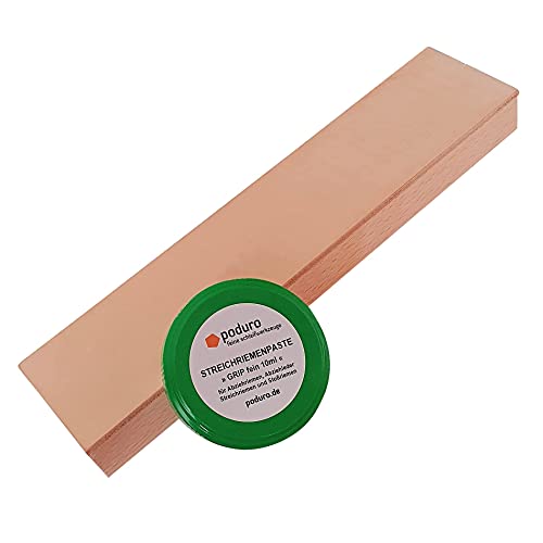 Streichriemen-Set » PODURO MINI KOMBI « Abziehleder auf Holz & Streichriemenpaste & Baumwollbeutel von PODURO