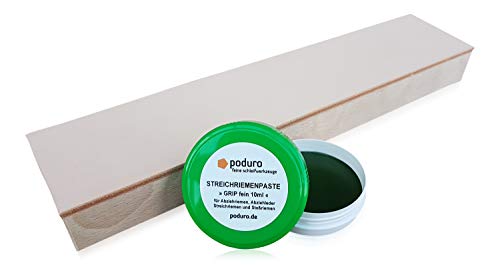 Streichriemen und Pasten-Set » PODURO KOMBI « Abziehleder auf Holz und Chromoxid Schleifpaste zum Messer abziehen von PODURO