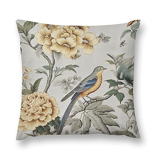 PODbyyou Gelbgrauer Samt-Kissenbezug, Vogel-Blumenmuster, 45,7 x 45,7 cm, Chinoiserie-Stil, Kissenbezug, Eurosham, Akzent, Wurfkissenbezug, rustikale Bauernhaus-Dekoration für Sofa, Wohnzimmer, von PODbyyou