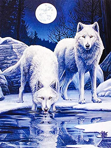 POENOEN Weiß Wolf Diamond Painting Set für Kinder Mond DIY 5D Volle Bilder Diamant Malerei Kits für Erwachsene Runder Steine Diamant Painting für Heim Dekor Weihnachten 30x40cm von POENOEN