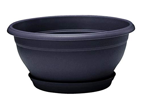 POETIC - Runde Blumenschale - Outdoor Pflanzschale mit angeclipsten Untersetzer - Farbe Schwarz-Violett - 25,4 x H12,5 cm - Aus recyceltem Kunststoff von Poétic