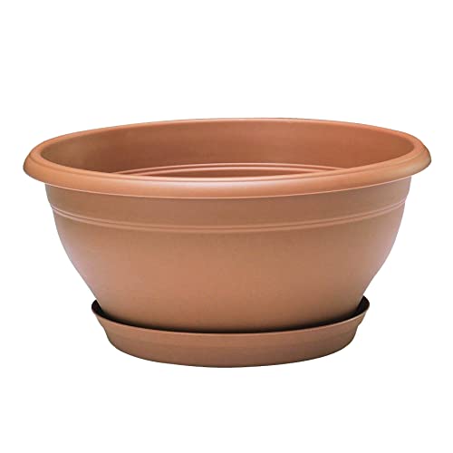 POETIC - Runde Blumenschale - Outdoor Pflanzschale mit angeclipsten Untersetzer - Farbe Terrakotta - 25,4 x H12,5 cm - Aus recyceltem Kunststoff von Poétic
