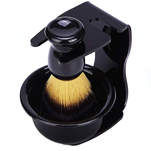 POFET 3-in-1 Bart-Rasierset, Rasierpinsel mit Pinselständer und Rasierschale für Herren, Bartrasur und -Pflege,Rasierpinsel Shaving Brush Rasierseife Rasierschale Schwarz von POFET