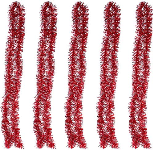 POFET 5 x rote Lametta-Girlande, 2 m lang, metallisch, glitzernd, hängende Dekoration für Weihnachtsbaum, Kranz, Hochzeit, Party von POFET