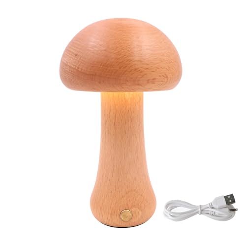 POFET Nachttischlampe Led Touch Dimmbar aus Holz, Tragbar Pilz Lampe, Tischlampe für Wohnzimmer, USB Kabellos Nachtlicht Stilllicht, Moderne Wooden Mushroom Bedside Lamp von POFET