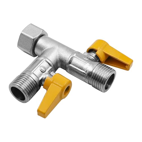 POFET T-Verteiler 1/2 Zoll aus Messing mit 2 Drehschaltern, 3-Wege-Umschaltventilen Messing, Dichtungen für Doppelwaschtisch von POFET
