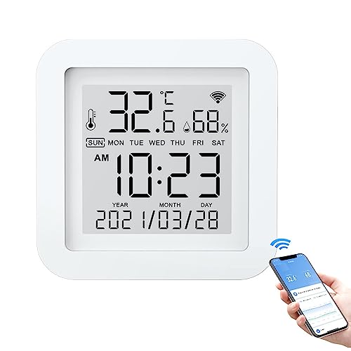 POFET WLAN-Temperatursensor, drahtloses Thermometer, digitales Thermometer, Hygrometer, Unterstützung für Mobile App-Steuerung, Sprachassistent von POFET