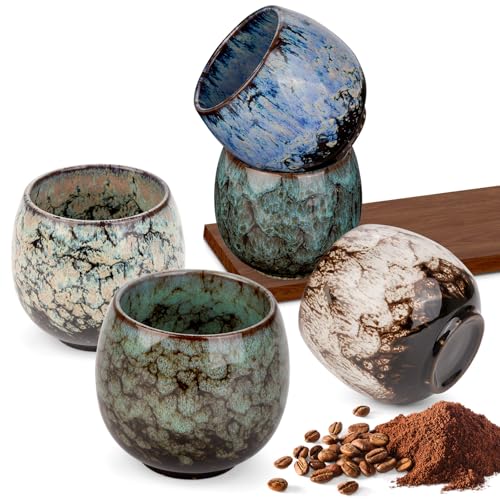 POFIBO Espressotassen Set - 5-teilig Espressotassen Steingut - 100ml Kleine Teetasse - Espresso Tassen Set - ohne Henkel - Dickwandig Keramik Kaffeetassen Set Geschenke für Frauen Männer Freundin von POFIBO