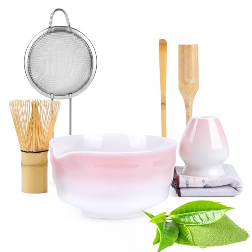 POFIBO Matcha Set - 7-teiliges Matcha Tee Set mit Matcha Besen, Matcha Schale Schale, Sieb, Besenhalter & Zubehör - Matcha-Set für Einsteiger, beste Geschenk für Matcha-Liebhaber（weiß & rosa2) von POFIBO