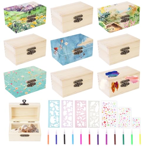 POFIBO Mini Schatztruhe - 10 Stück Kleine Holzkiste mit Aufkleber, Aquarellstifte, Schablonen Malen, Schatztruhe Kindergeburtstag, 9x5.5x5cm Schatzkiste für DIY Kunsthandwerk und Party Favor von POFIBO