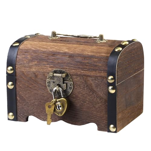 POFIBO Schatztruhe Vintage Holz Schatzkiste, Kleine Schatztruhe mit Schloss, Piratenschatztruhe Kleine Holz Schatztruhe für Kindergeburtstag Aufbewahren Schatzsuche Dekoration von POFIBO