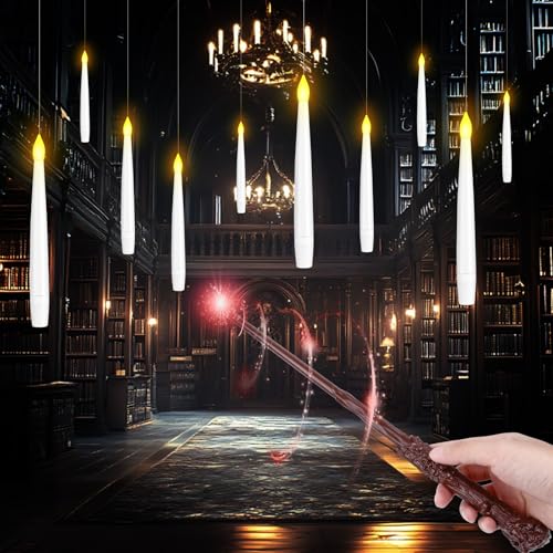 Schwebende Kerzen mit Zauberstab - 10 Stück 15cm Fliegende Kerzen mit Zauberstab und 6H Timerfunktion Flammenlose LED Kerzen Batteriebetriebene Floating Candles für Halloween Weihnachten Party Deko von POFIBO