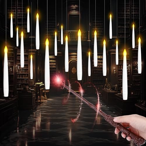Schwebende Kerzen mit Zauberstab - 20 Stück 15cm Fliegende Kerzen mit Zauberstab und 6H Timerfunktion Flammenlose LED Kerzen Batteriebetriebene Floating Candles für Halloween Weihnachten Party Deko von POFIBO