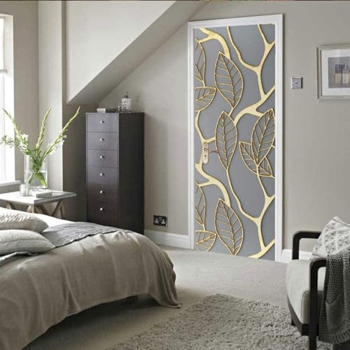 3D Türaufkleber 90X200Cm Goldene Blätter Textur Grau Türtapete Selbstklebend Türposter - Fototapete 3D Effekt Türfolie Poster Tapete Wandtattoo Diy Selbstklebende Wandbild Pvc Wasserdichte Tapete von POGIB