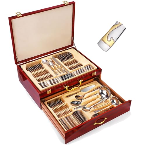 POGOAO 72-teiliges Besteckset aus Edelstahl für 12 Personen mit Geschenk-Tragetasche, Sammler-Edelstahlgeschirr mit Geschenkbox, Gabel- und Löffel-Besteckset in einer Box, Silber und Gold(Flame) von POGOAO