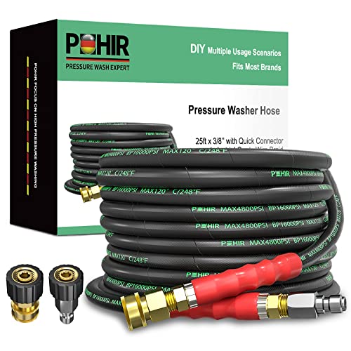 POHIR 3/8 Zoll Hochdruckreiniger-Schlauch, 6.5 m mit Adapter-Set, 4800 PSI heißes und kaltes Wasser max. 120 °C, robuster handelsüblicher Schlauch, 2 Stück M22 14 mm bis 3/8 Schnellverbindungszubehör von POHIR