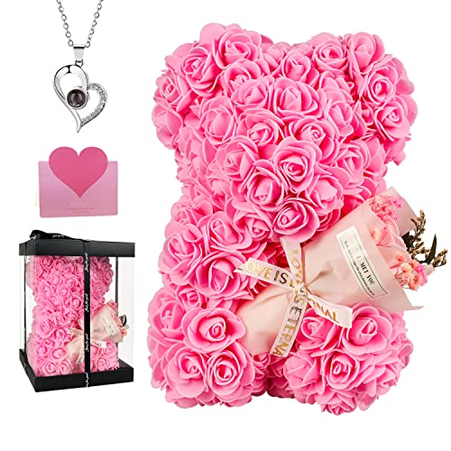 POHOMEGK Rose Bär – Rose Teddybär auf jedem Blumenbär. Perfekt für Jubiläum, Rosenbär, Mütter, die beiliegende klare Geschenkbox! 10 Zoll (rosa) von POHOMEGK