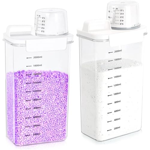 2 Stück 2300ml Luftdichter Waschmittelspender mit Messbecher, Waschpulver Aufbewahrungsbox, Waschmittelspender für Waschpulver, Waschmittel, Getreide(Color:Weiß) von POHOVE
