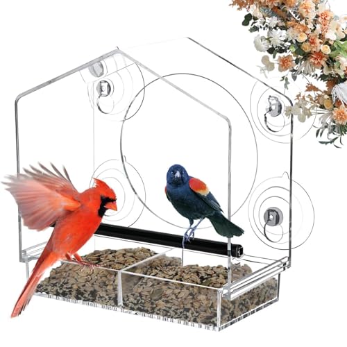 Fenster-Vogelfutterspender, Transparente Vogelhaus Fensterscheibe mit Saugnäpfen und Sitzstange, Fenster Vogelfutterhaus zum Befestigen an Glasscheiben, 20.5 x 21.5 x 10cm(Color:transparent) von POHOVE