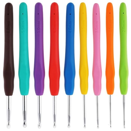 Häkelnadel Set, 9 Stück Bunt Häkelnadel mit Ergonomischem Softgriff, Häkelnadel Set für Anfänger und Häkelliebhaber(COLOR:wie gezeigt) von POHOVE