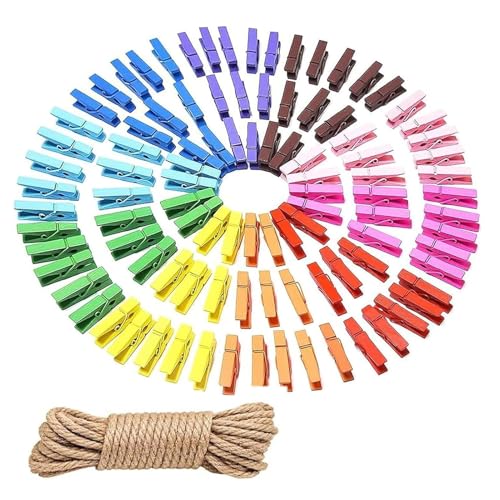 Holzklammern Klein, 100 Stück 3.5cm kleine Wäscheklammern Holz Bunt mit 10m Jute-Schnur, Mini Wäscheklammern für Fotos Bilder Collagen Postkarten Geschenke(Farbe:Bunte) von POHOVE