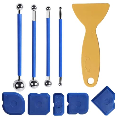 POHOVE 10PCS Werkzeug Scraper Kit Joint Smoother Set,4pcs x Metall Ball Puller,5pcs Blaue Silikon Joints Smoother, 1pc gelbe Scraper, JointSmoother Set für Badezimmer, Küchenfliesen von POHOVE