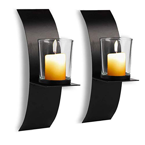 POHOVE 2 Sets Modern Kunst Kerzenständer für Wand Eisen mit Glas Tasse Wand Wandlampen Set Mit Zwei Kerzenständer Metall Schwarz Für Zuhause Hochzeit Wohnzimmer Dekoration - Schwarz, Free Size von POHOVE