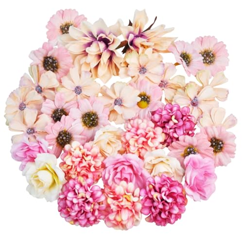 34 Stück Klein Kunstblumen Köpfe 4.5~7.5cm, 7 Stile Kunstblumen Deko, Mini Künstliche Blumen Blütenköpfe für DIY Basteln Scrapbooking Hochzeit Party Home Handwerk(Farbe:Rosa) von POHOVE