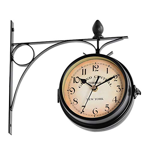 POHOVE Doppelseitige Wanduhr für den Garten, Bahnhof, Wanduhr für den Außenbereich, geeignet für Zäune im Innen- und Außenbereich (schwarz, Größe: 21,8 x 21,8 cm, Typ 2) von POHOVE