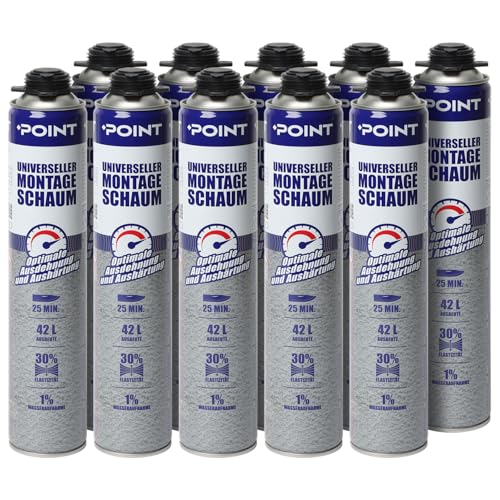POINT B2 Universeller Montageschaum – Pistolenschaum zum Verfüllung, Dämmung & Isolierung [10 x 750 ml] Bauschaum für Schaumpistolen – Ausbeute: bis zu 42 Liter – PU-Schaum für Profis von POINT