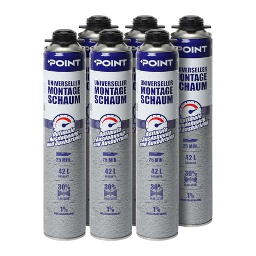 POINT B2 Universeller Montageschaum – Pistolenschaum zum Verfüllung, Dämmung & Isolierung [6 x 750 ml] Bauschaum für Schaumpistolen – Ausbeute: bis zu 42 Liter – PU-Schaum für Profis von POINT