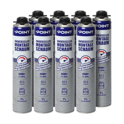POINT B2 Universeller Montageschaum – Pistolenschaum zum Verfüllung, Dämmung & Isolierung [8 x 750 ml] Bauschaum für Schaumpistolen – Ausbeute: bis zu 42 Liter – PU-Schaum für Profis von POINT