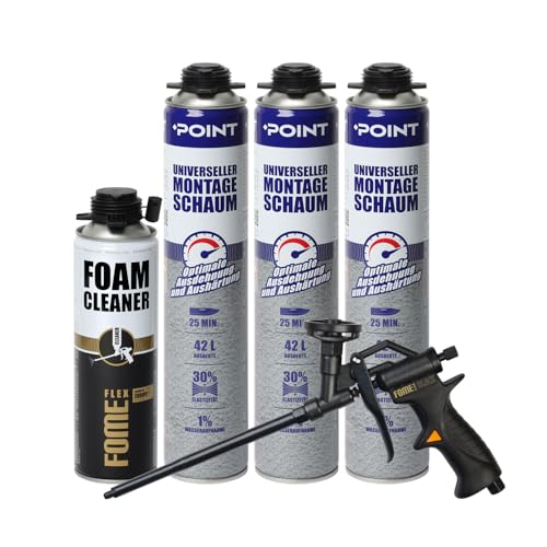 POINT B2 Universeller Montageschaum Set [3 x 850 ml] inkl. Schaumpistole mit Teflonbeschichtung und Pistolenreiniger [1 x 500 ml] – PU-Schaum für Profis von POINT