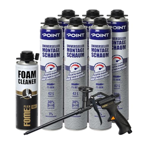 POINT B2 Universeller Montageschaum Set [6 x 850 ml] inkl. Schaumpistole mit Teflonbeschichtung und Pistolenreiniger [1 x 500 ml] – PU-Schaum für Profis von POINT