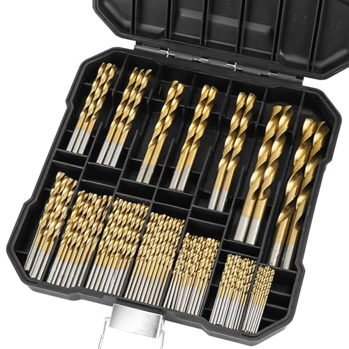 POIU 99-teiliges Spiralbohrer-Set mit Titanbeschichtung, 4241 HSS 135° Spitze, metrische Bohrer, Größe von 1,5–10 mm, für Metallbearbeitung, Holzbearbeitung, Kunststofflochbohrungen von POIU