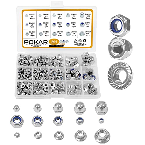 POKAR Sicherungsmuttern DIN 985 Edelstahl Sechskantmuttern Hutmuttern Flanschmuttern Schraubenmuttern Edelstahlmutter Muttern Set Selbstsichernde, 291 Stück von POKAR