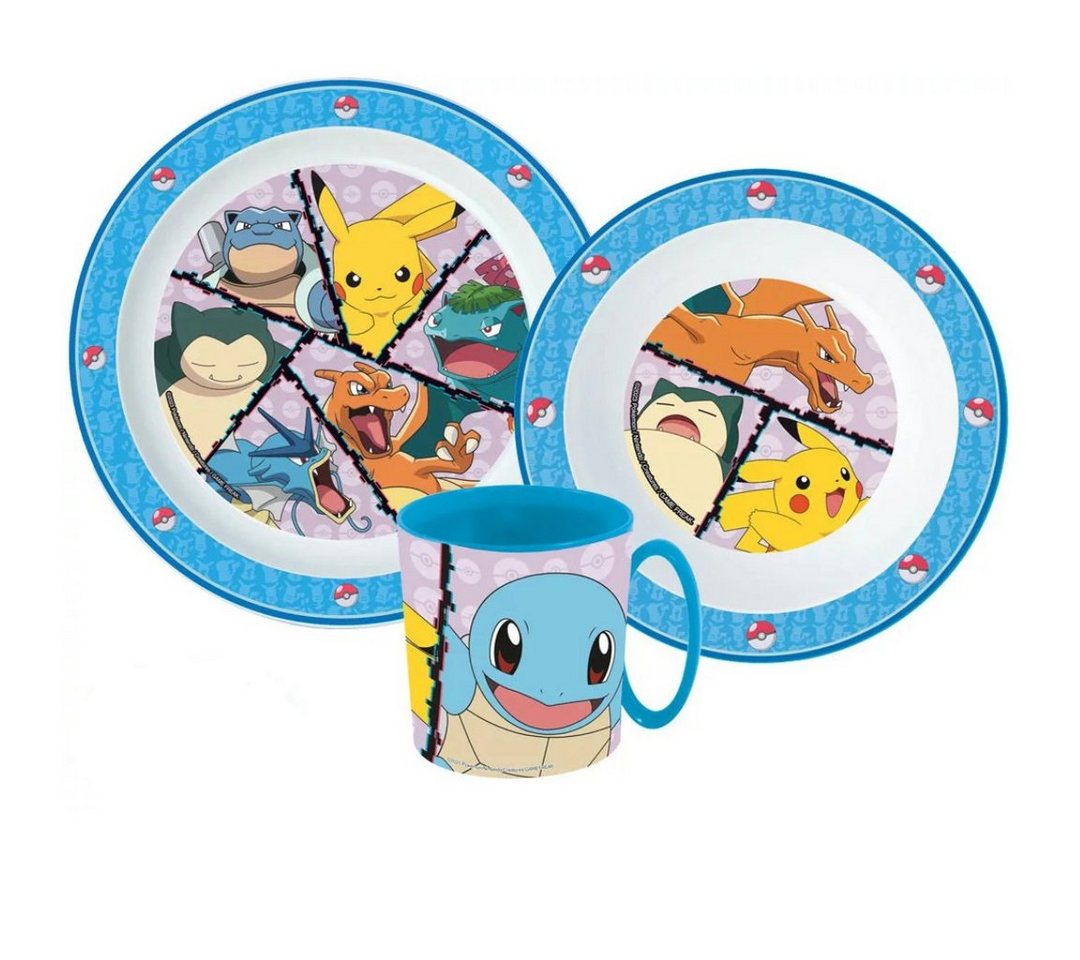 POKÉMON Kindergeschirr-Set Pokemon Pikachu Kinder 3 teiliges Geschirr Set (3-tlg), 1 Personen, Kuststoff, Teller und Schüssel Becher von POKÉMON