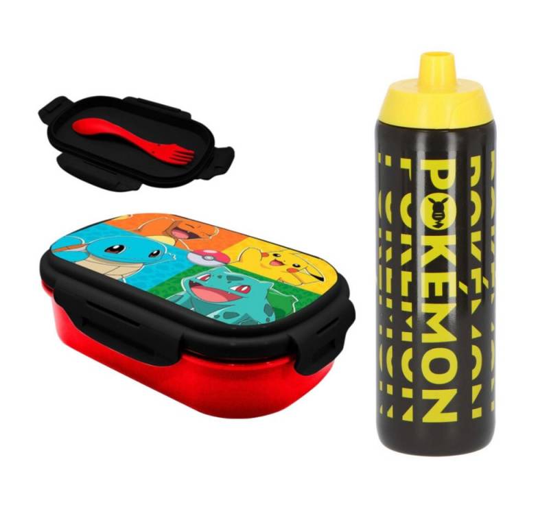POKÉMON Lunchbox Pokemon Pikachu Kinder 3 tlg. Set Brotdose Gabel Löffel Trinkflasche, Kunststoff, (3-tlg), 700 ml von POKÉMON