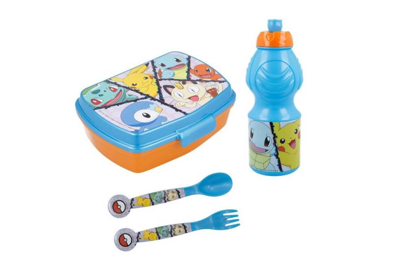 POKÉMON Lunchbox Pokemon Pikachu Kinder 4 teiliges Lunch Set, Kunststoff, (4-tlg), Brotdose Trinkflasche Messer und Gabel von POKÉMON