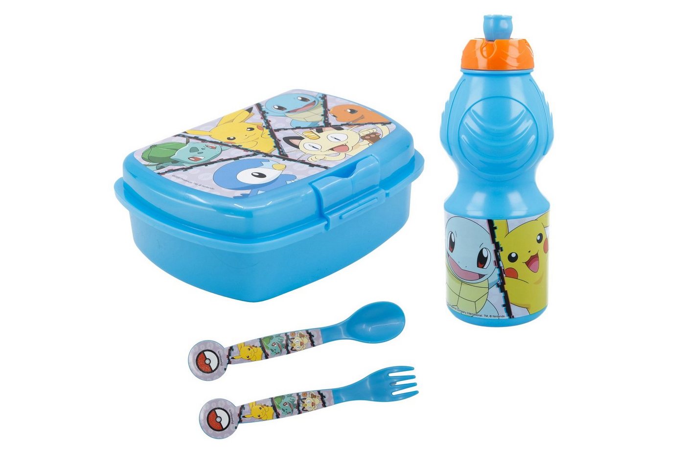 POKÉMON Lunchbox Pokemon Pikachu Kinder 4 teiliges Set, Kunststoff, (4-tlg), Brotdose Trinkflasche Messer und Gabel von POKÉMON