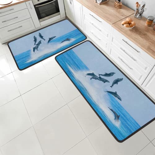 POKENE 2-Teiliges Rutschfestes Küchenteppich-Set, Wasserabsorbierendes Küchenteppich-Set Meerestier Delphin （50 X 80 cm + 50 X 180 cm） Ölbeständiges Fußkissen Badezimmerkissen Schlafzimmerbettmatte, von POKENE