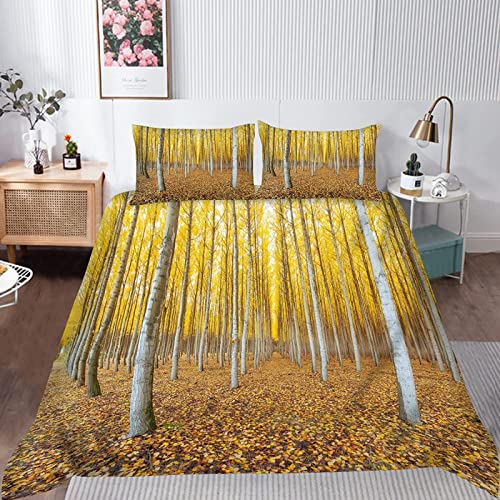 POKENE 3D Birke Bettwäsche 200x200 Gelbe Blätter Bettwäsche-Sets 3 Teilig Weich Mikrofaser Teenager Bettbezug Set mit Reißverschluss + 2 Kissenbezüge 80x80 cm von POKENE