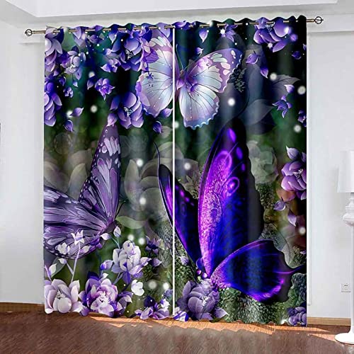 POKENE Lila Vorhang Blickdicht Gardinen mit Ösen Schmetterlingsblume 3D Druck Teenager Blickdichte Vorhänge Vorhang Verdunkelung Wärmeisolierend Wohnzimmer Schlafzimmer 2 Stück 110x215 cm (BxH) von POKENE